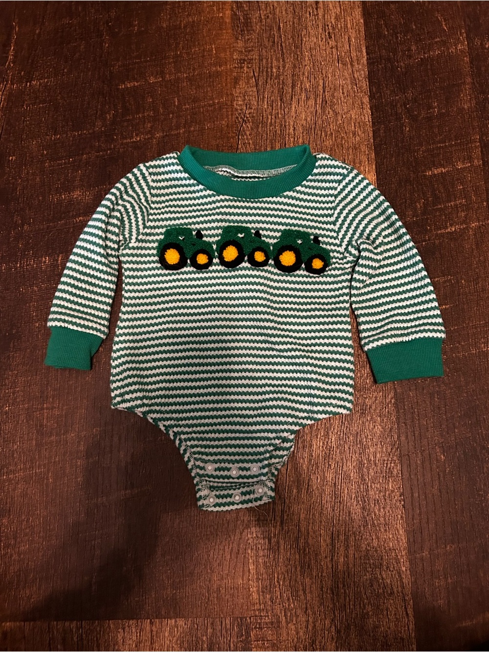 Green Striped Baby One-Piece with Tractor Motif